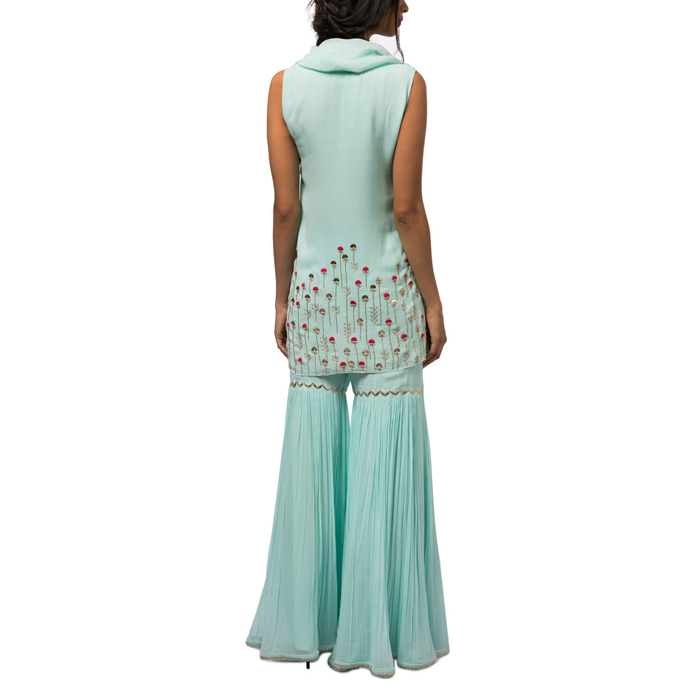 Embroidered Kurta with Attached Drape & Gharara Pants