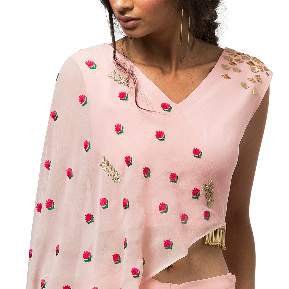 Embroidered Draped Top with Flared Pants