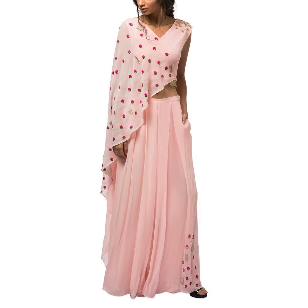 Embroidered Draped Top with Flared Pants