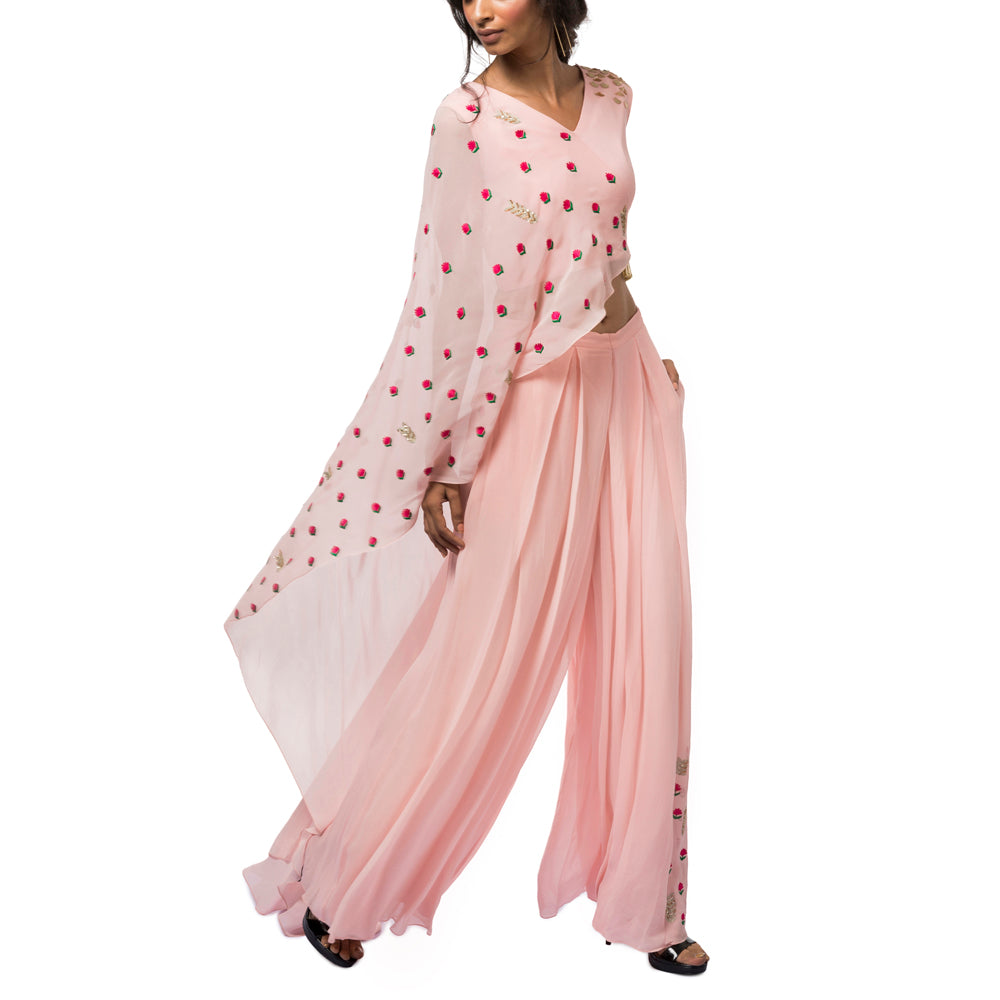 Embroidered Draped Top with Flared Pants