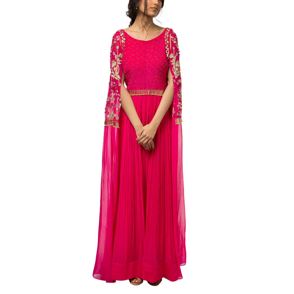 Embroidered Gown with Exaggerated Sleeves