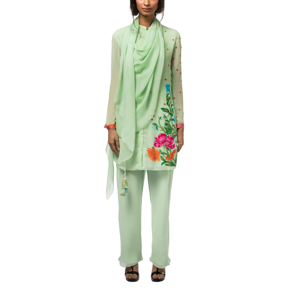 Embroidered Tunic Set with Attached Drape