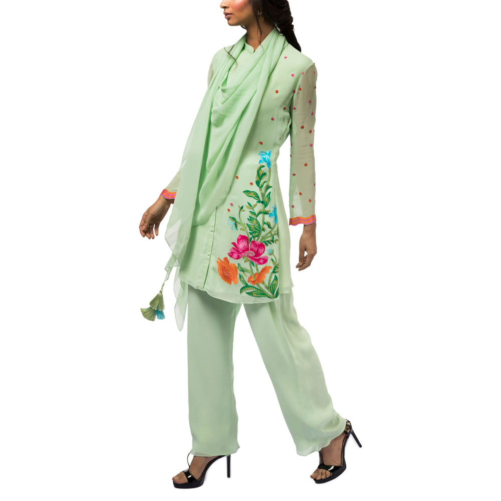 Embroidered Tunic Set with Attached Drape