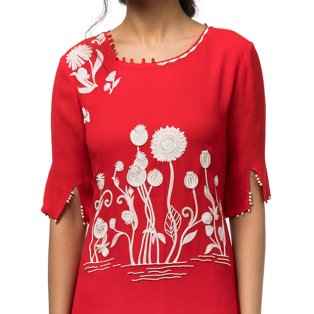 Embroidered Dress with a Cowl Hem