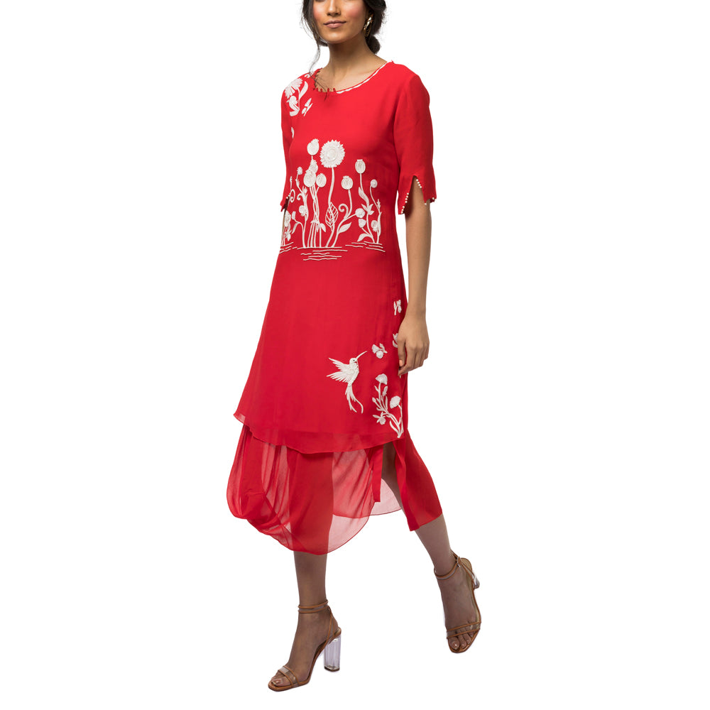 Embroidered Dress with a Cowl Hem