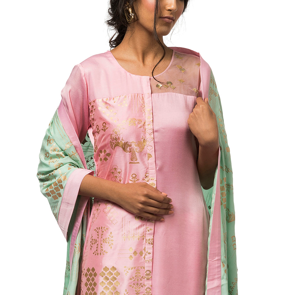 Embroidered Kurta with Layered Palazzo & Printed Dupatta