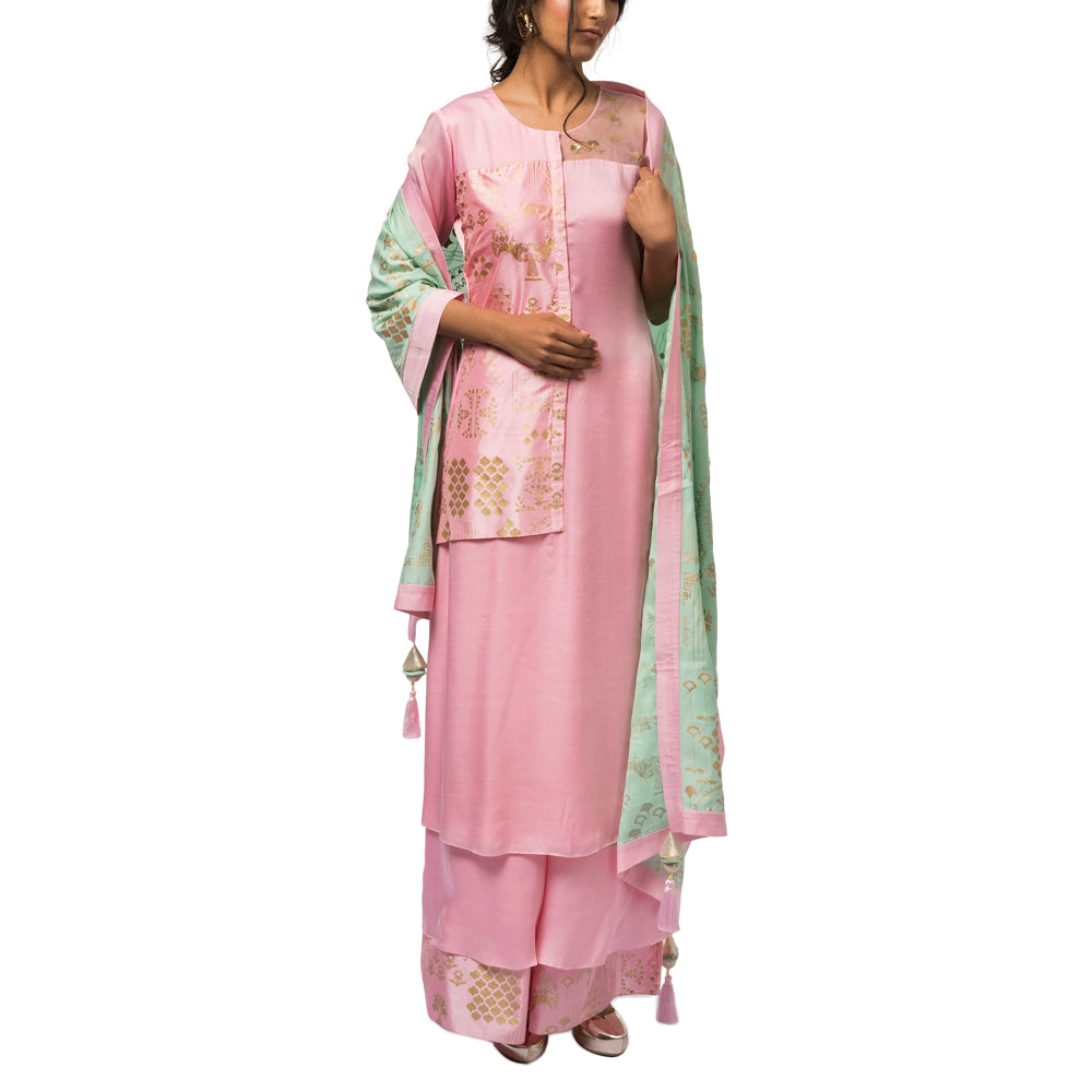 Embroidered Kurta with Layered Palazzo & Printed Dupatta