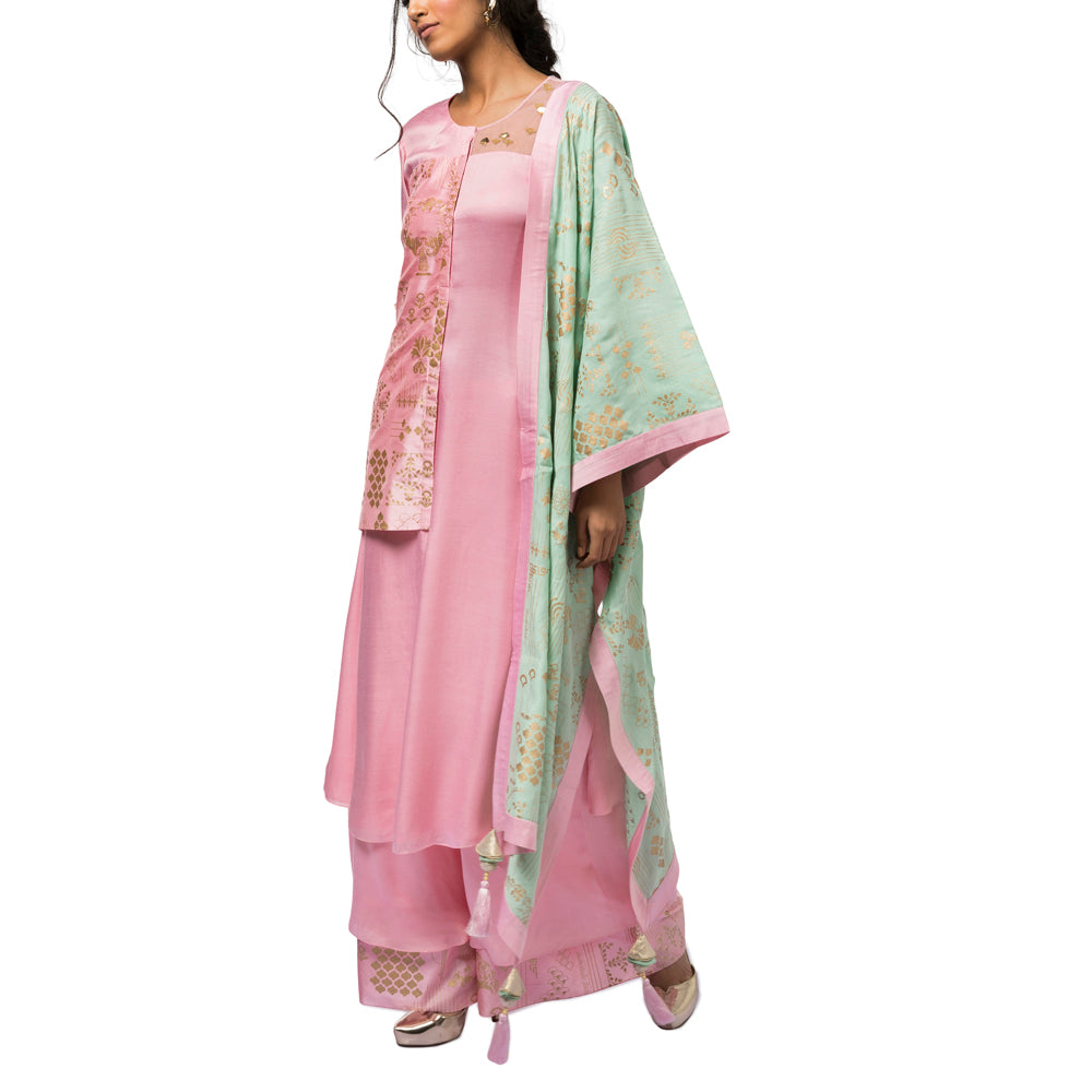Embroidered Kurta with Layered Palazzo & Printed Dupatta