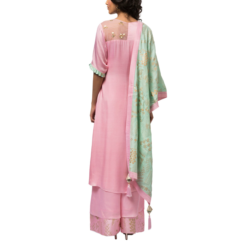 Embroidered Kurta with Layered Palazzo & Printed Dupatta