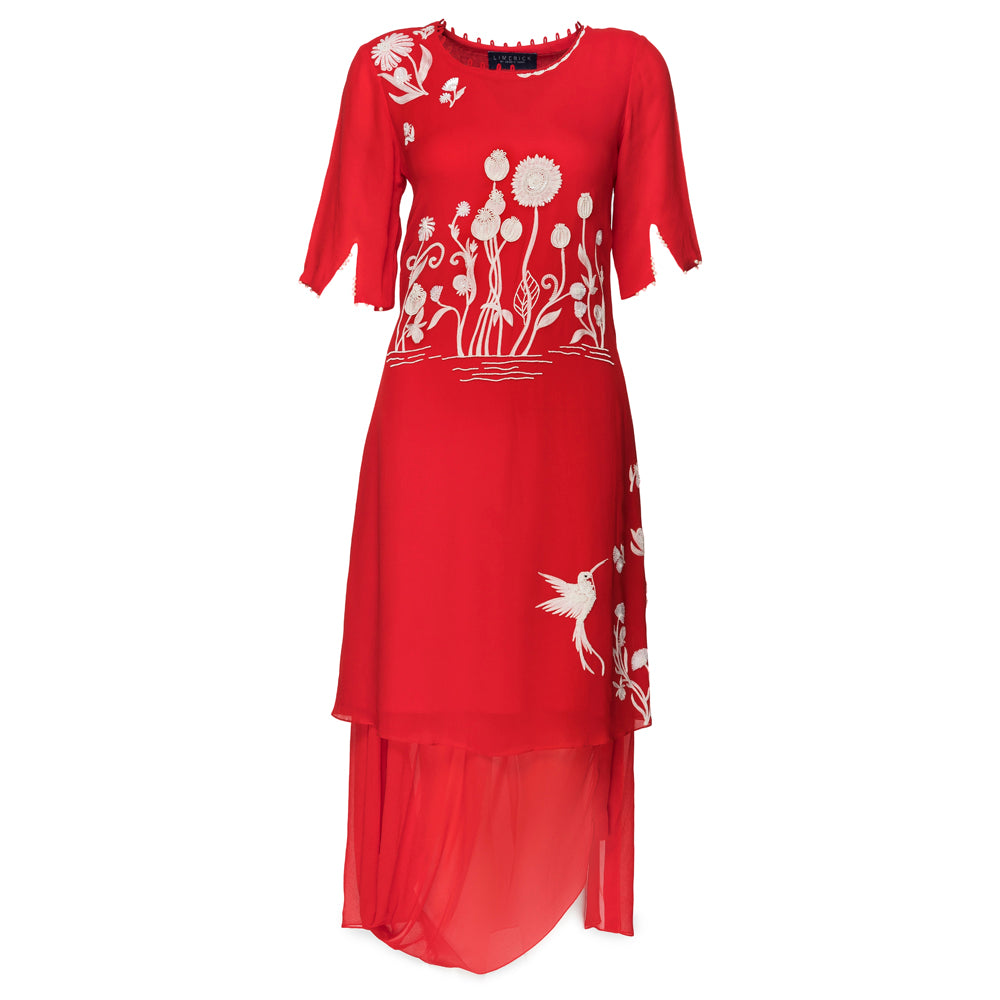 Embroidered Dress with a Cowl Hem