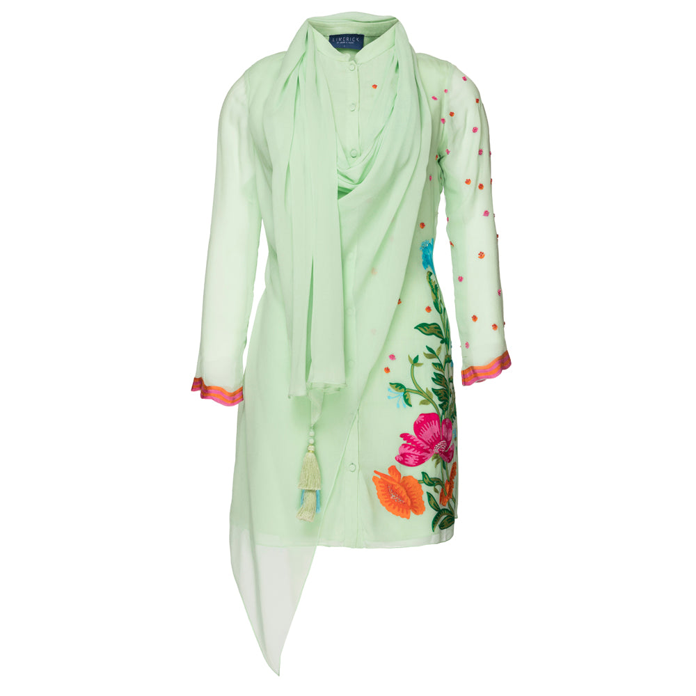 Embroidered Tunic Set with Attached Drape