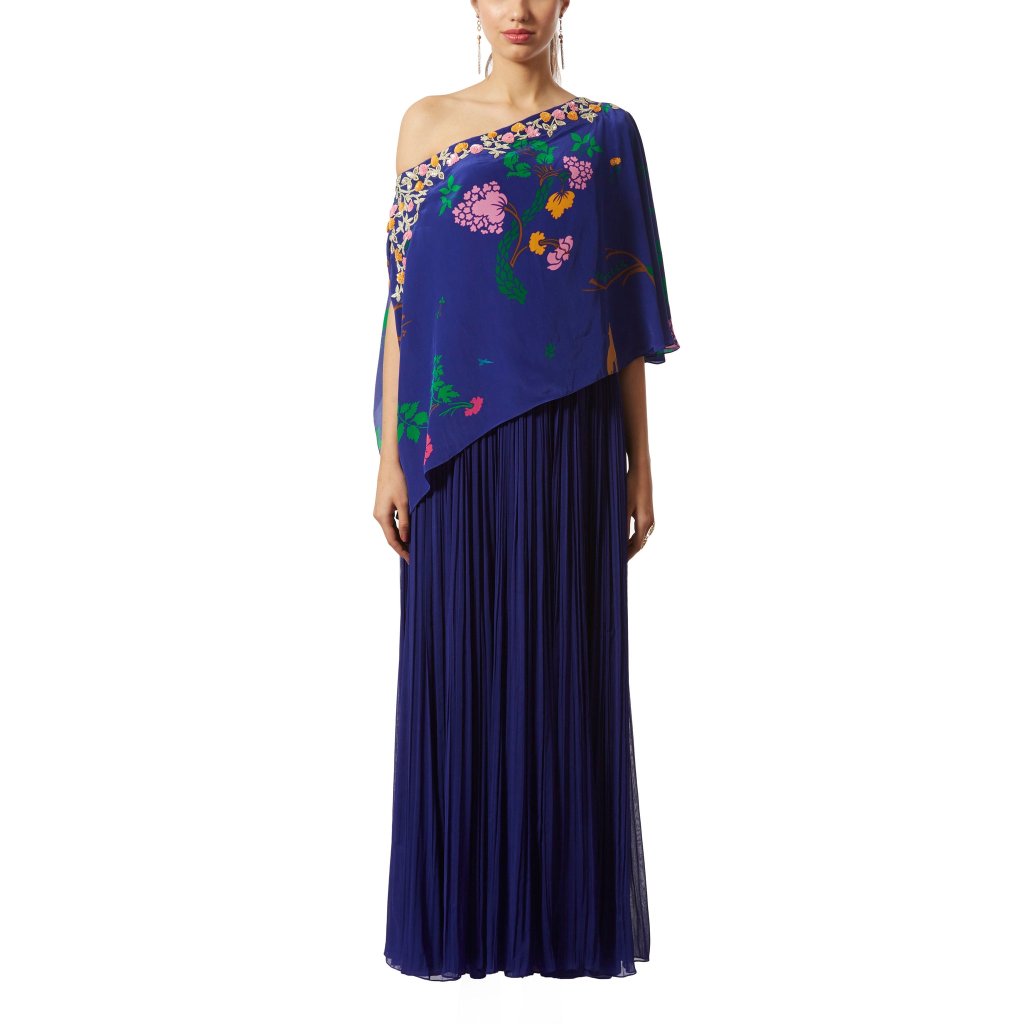 Embroidered Cape Style One-Shoulder Maxi
