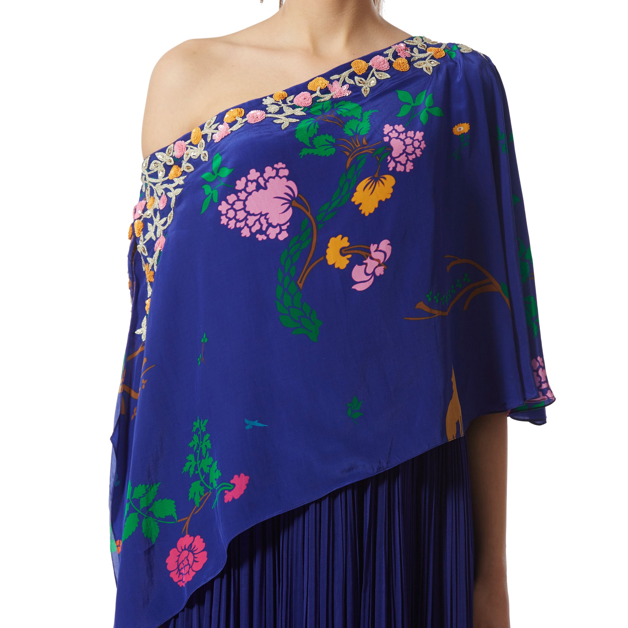 Embroidered Cape Style One-Shoulder Maxi