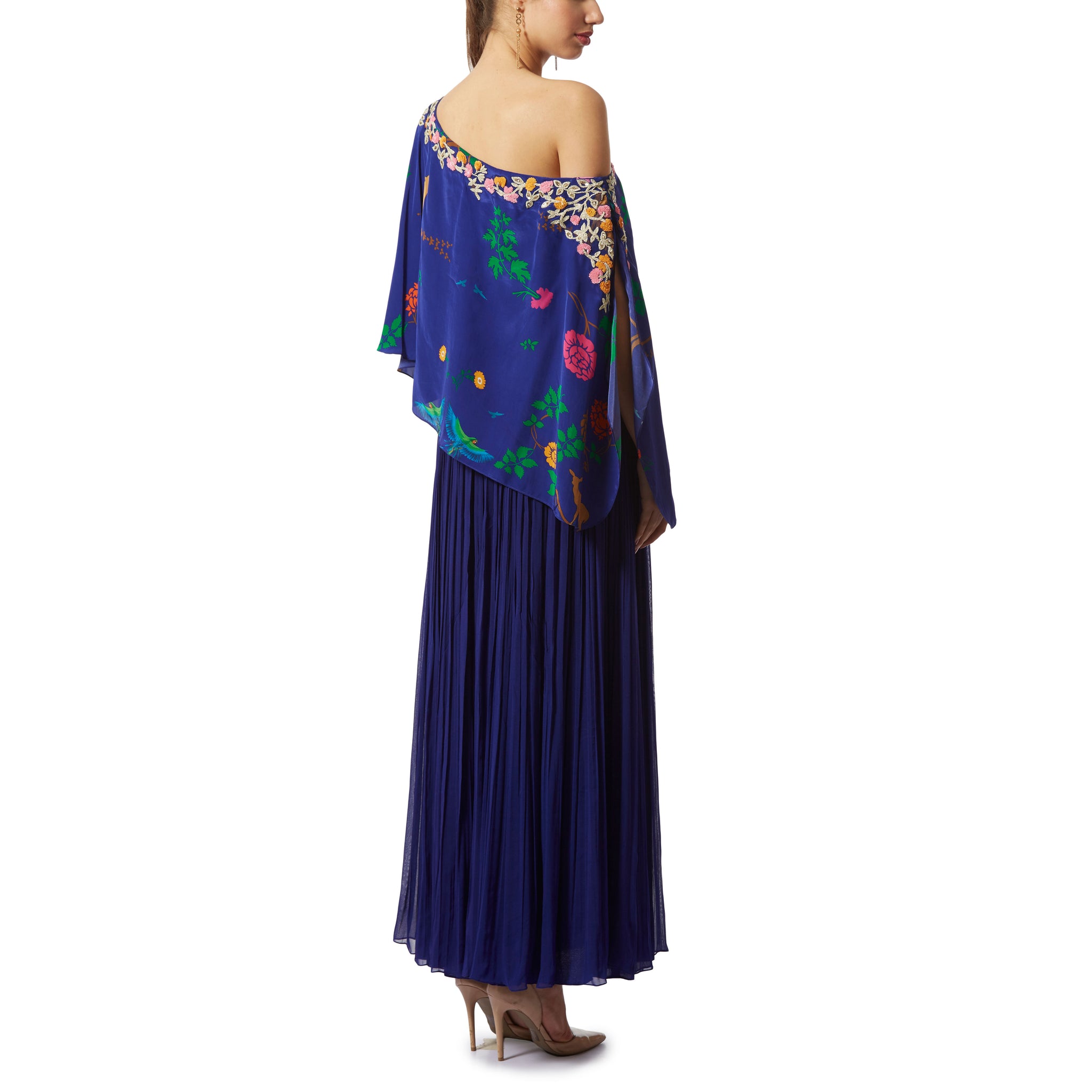 Embroidered Cape Style One-Shoulder Maxi