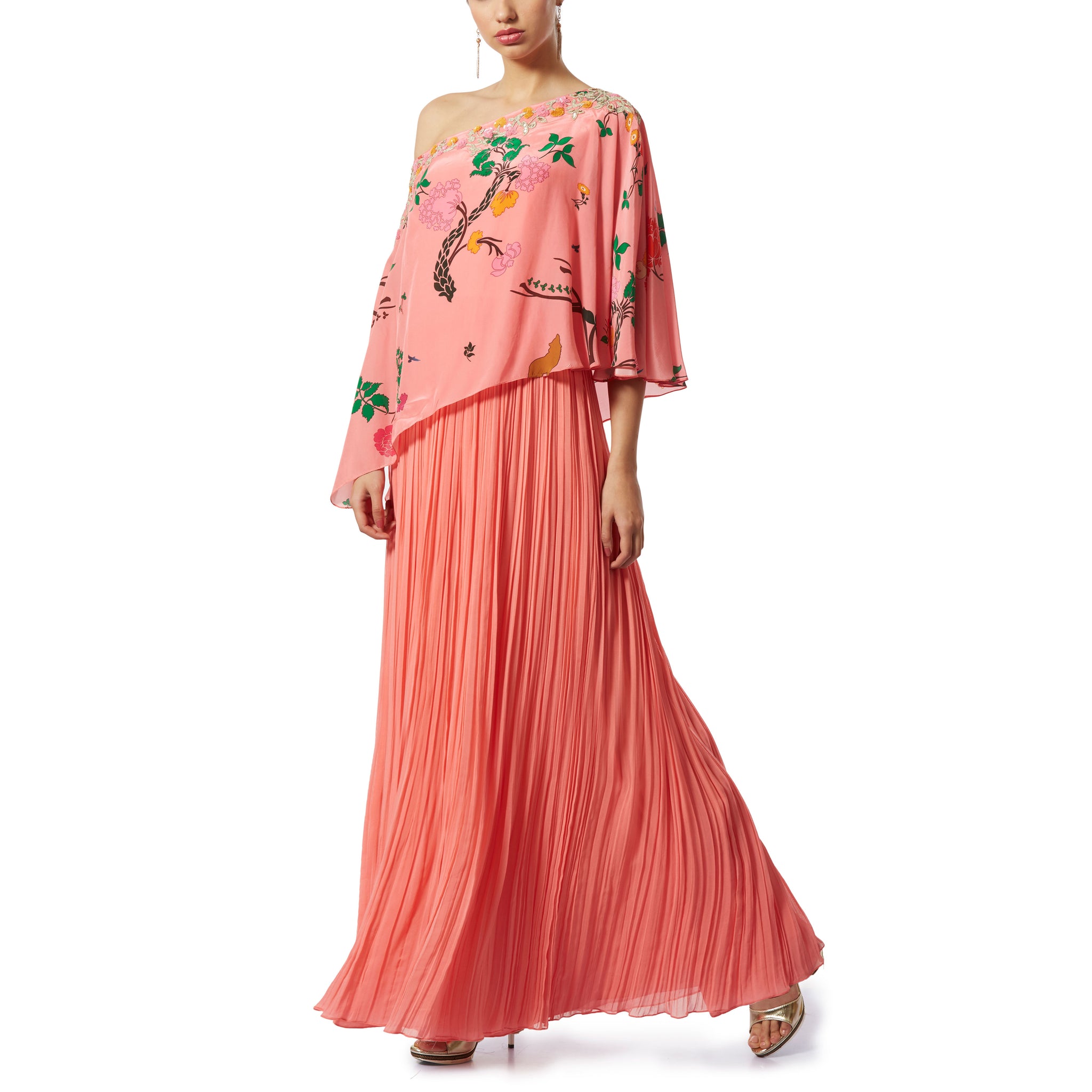 Embroidered Cape OneShoulder Maxi