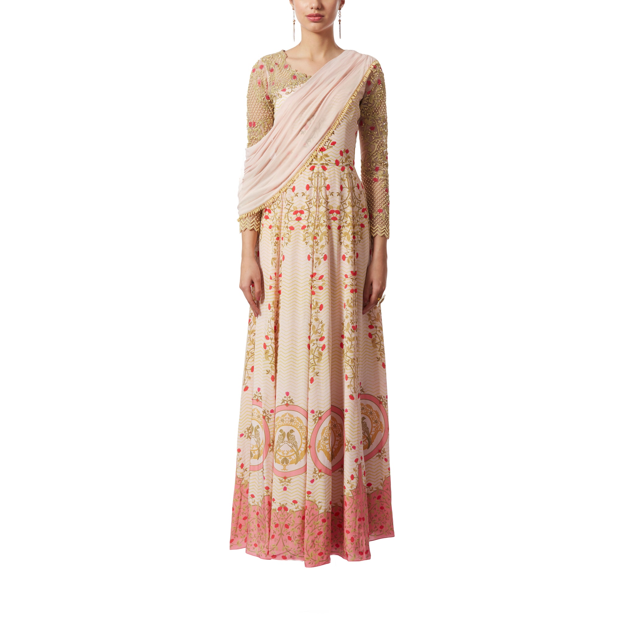 Embroidered Draped Gown