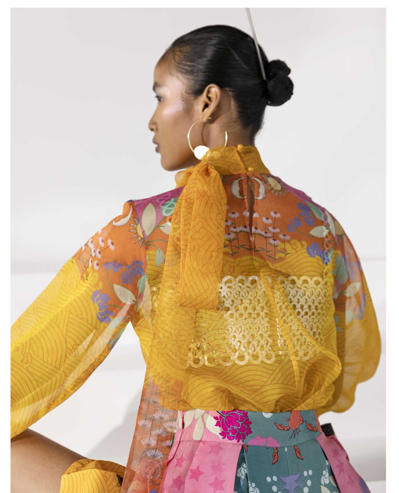 Embroidered Sheer Knot Collar Blouse