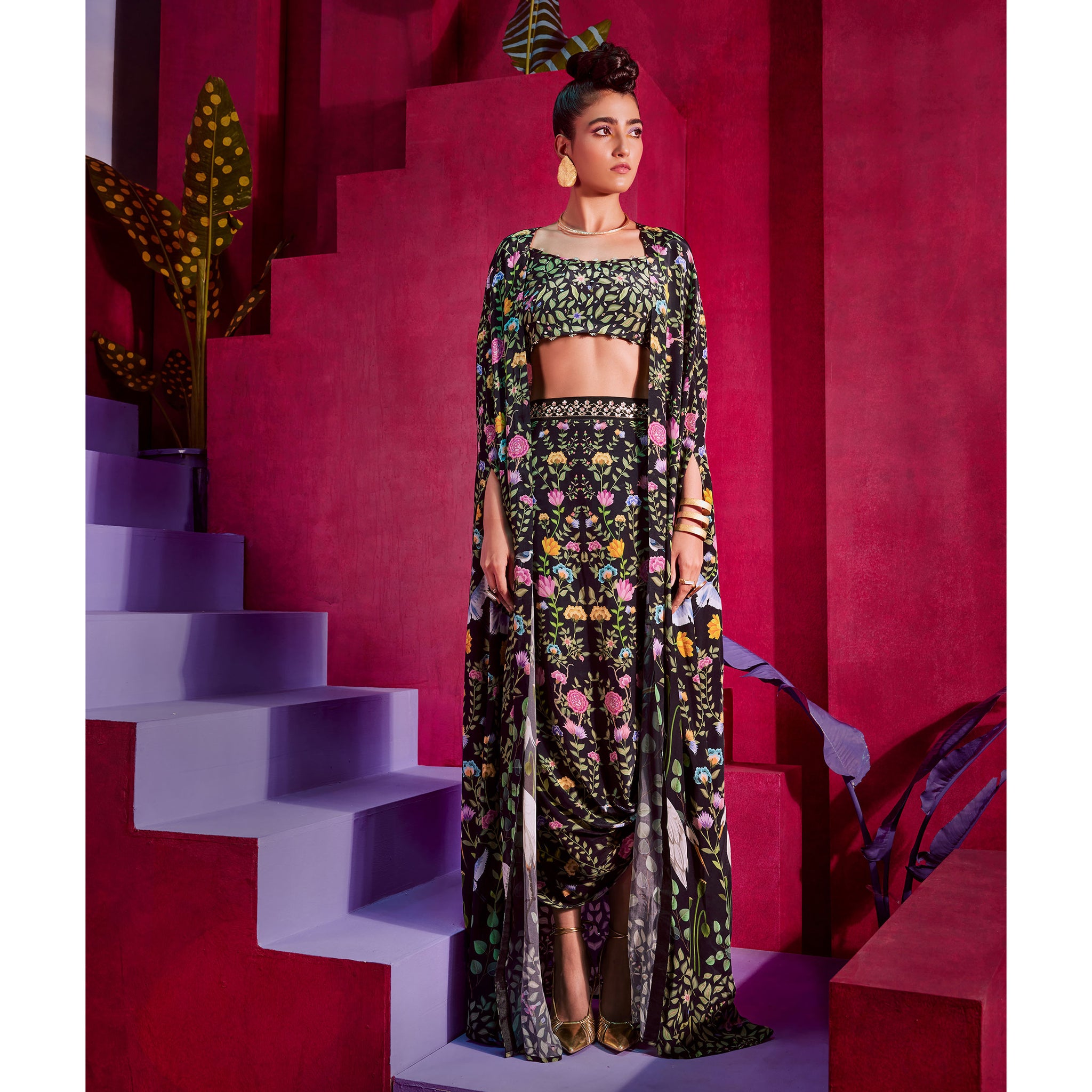 Embroidered Crop Top with Cape & Draped Skirt