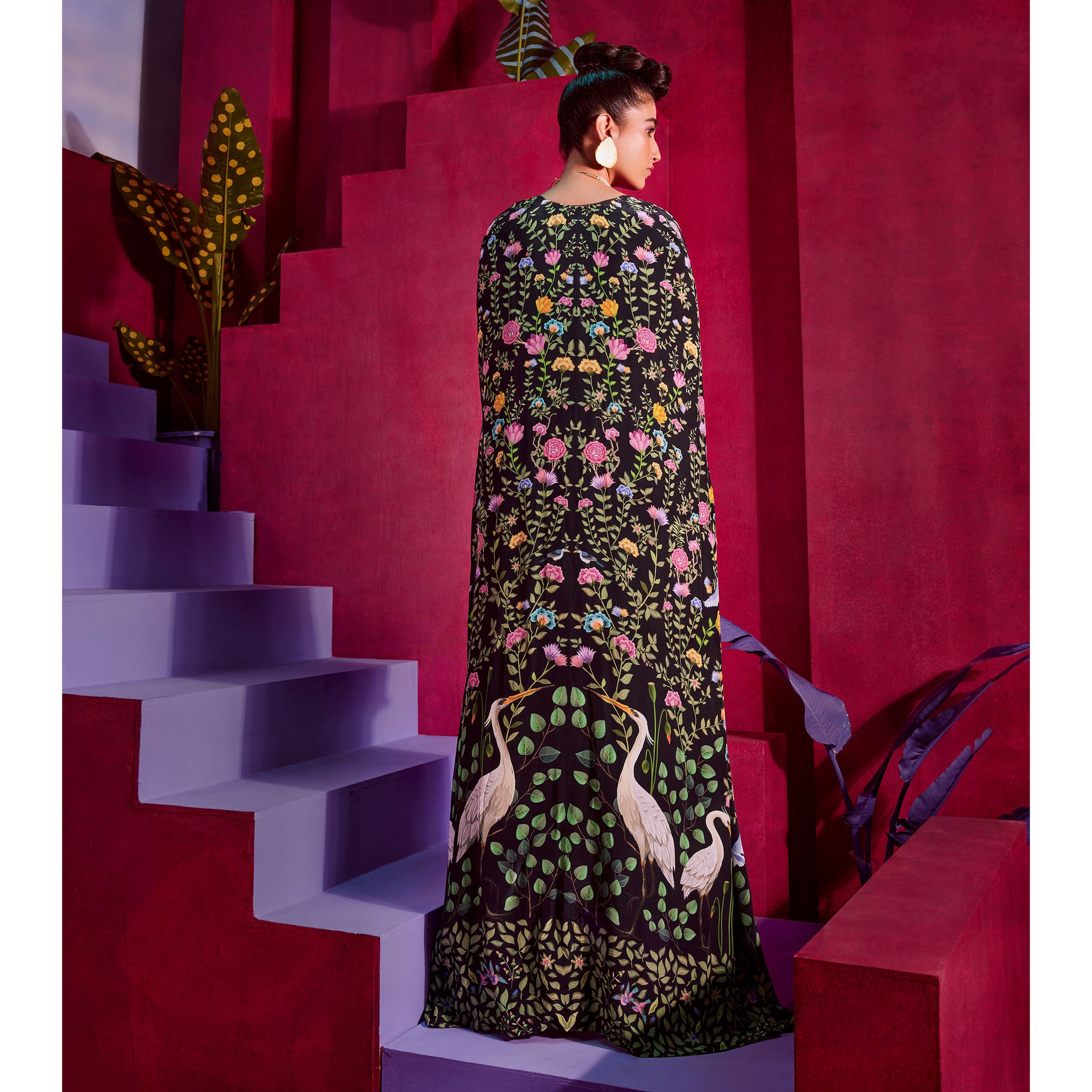 Embroidered Crop Top with Cape & Draped Skirt