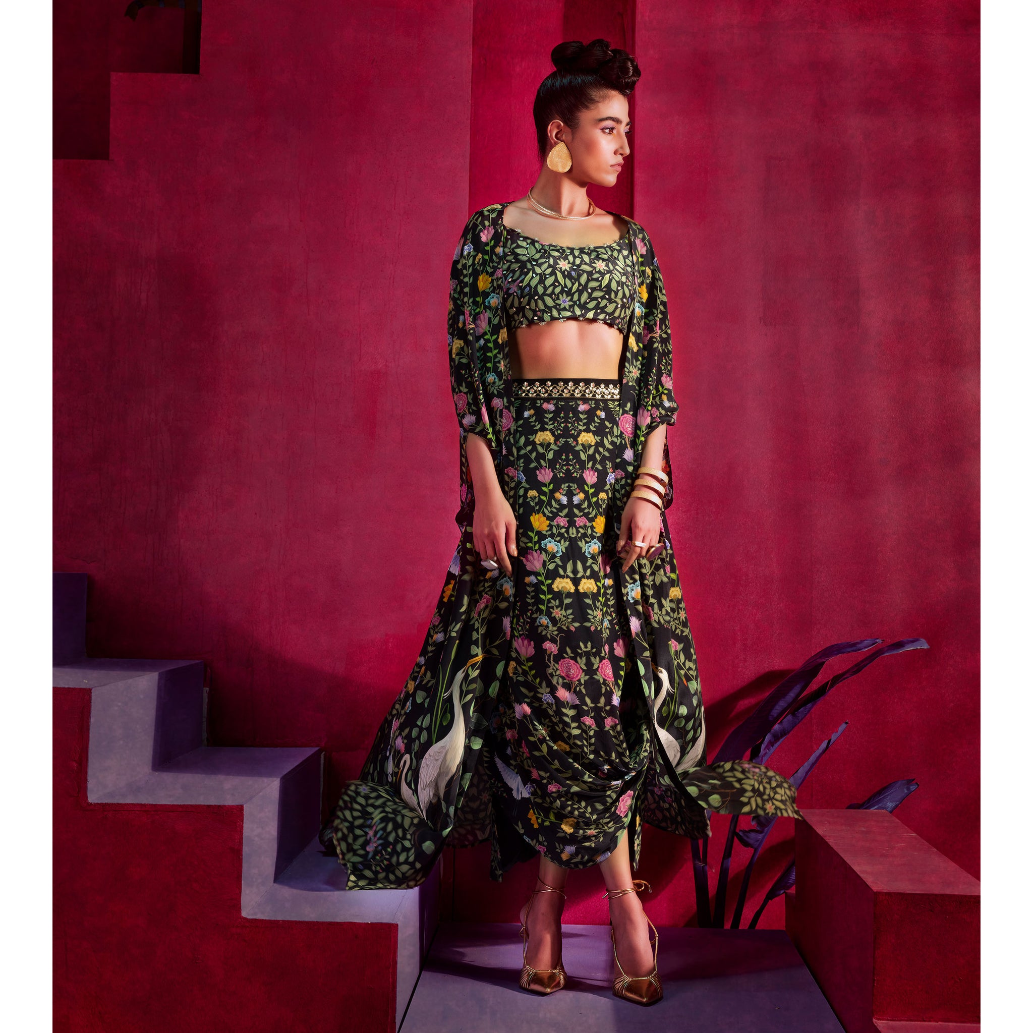 Embroidered Crop Top with Cape & Draped Skirt