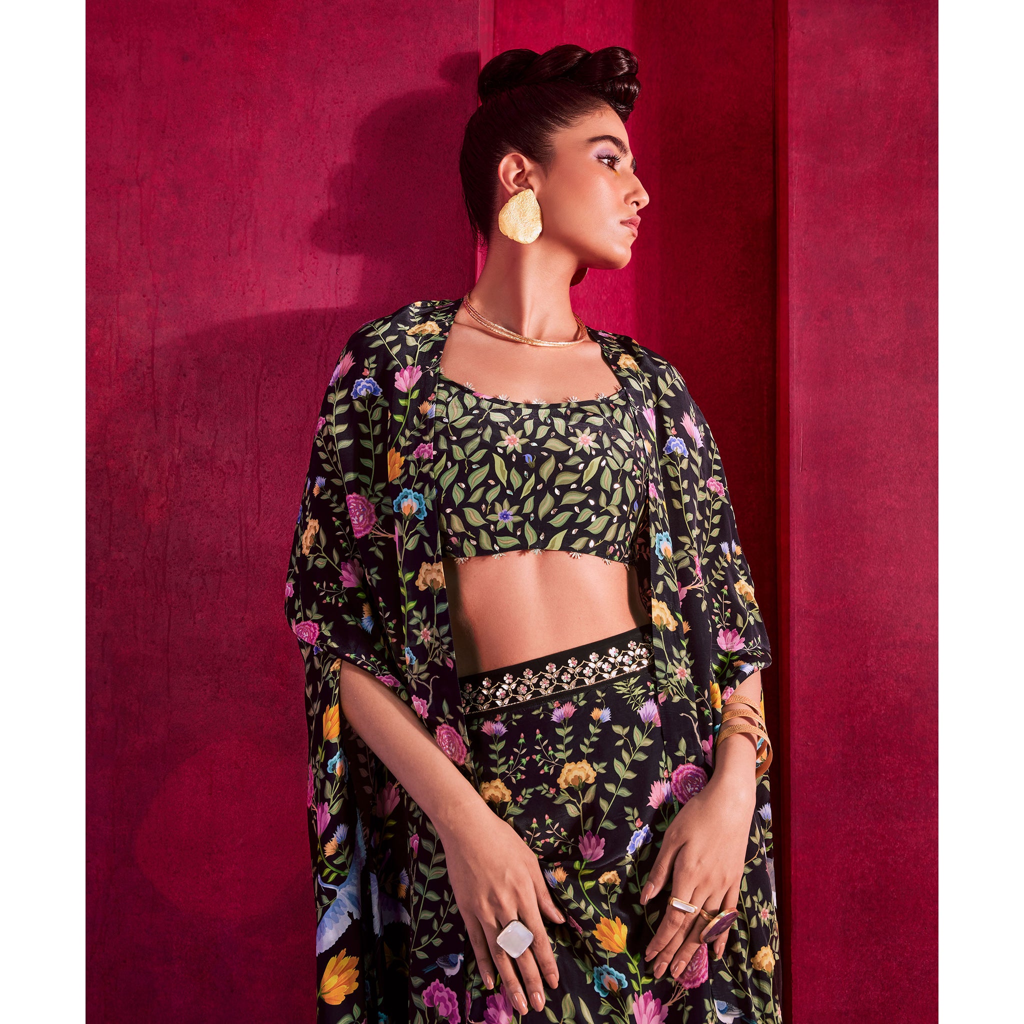 Embroidered Crop Top with Cape & Draped Skirt