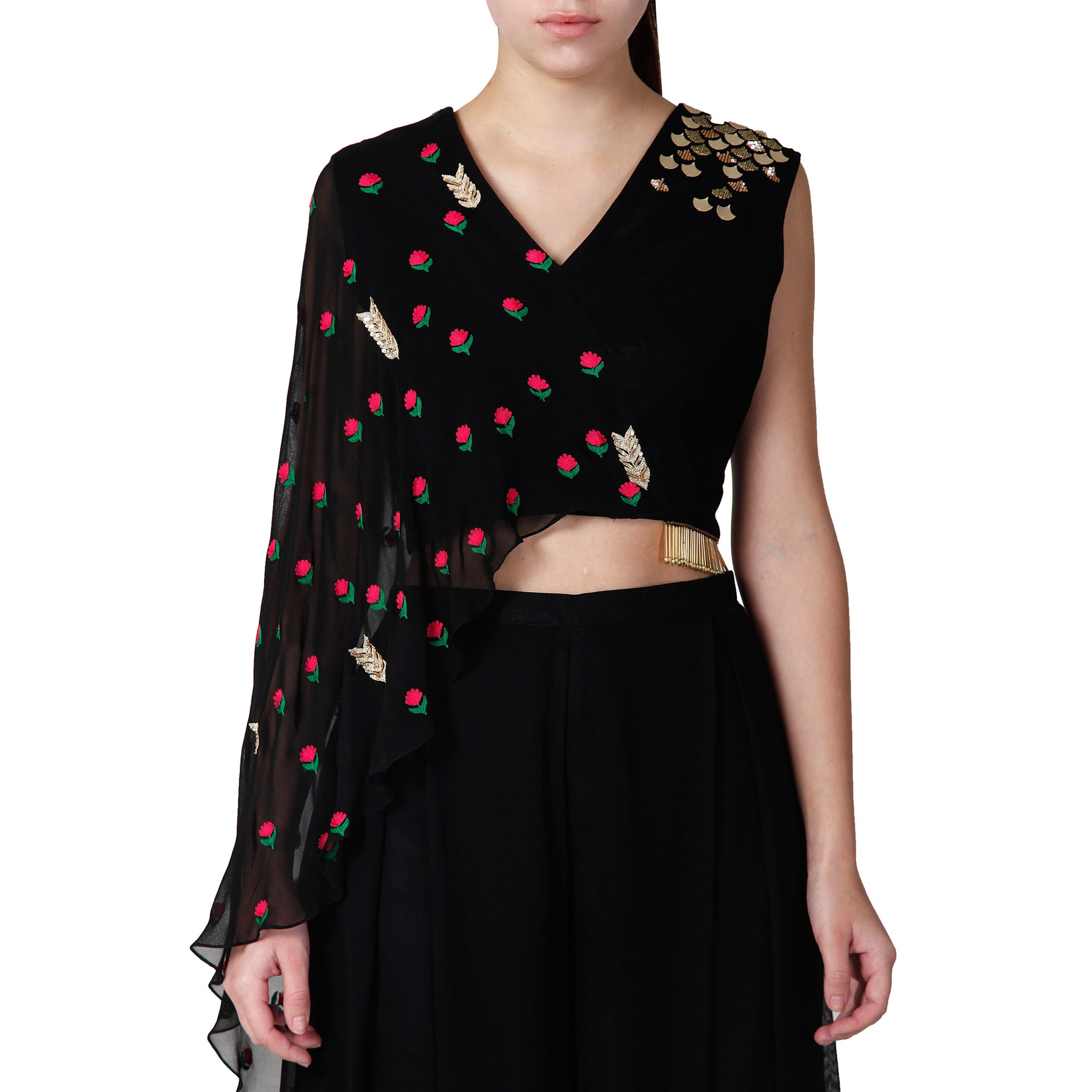 Embroidered Draped Top with Flared Pants