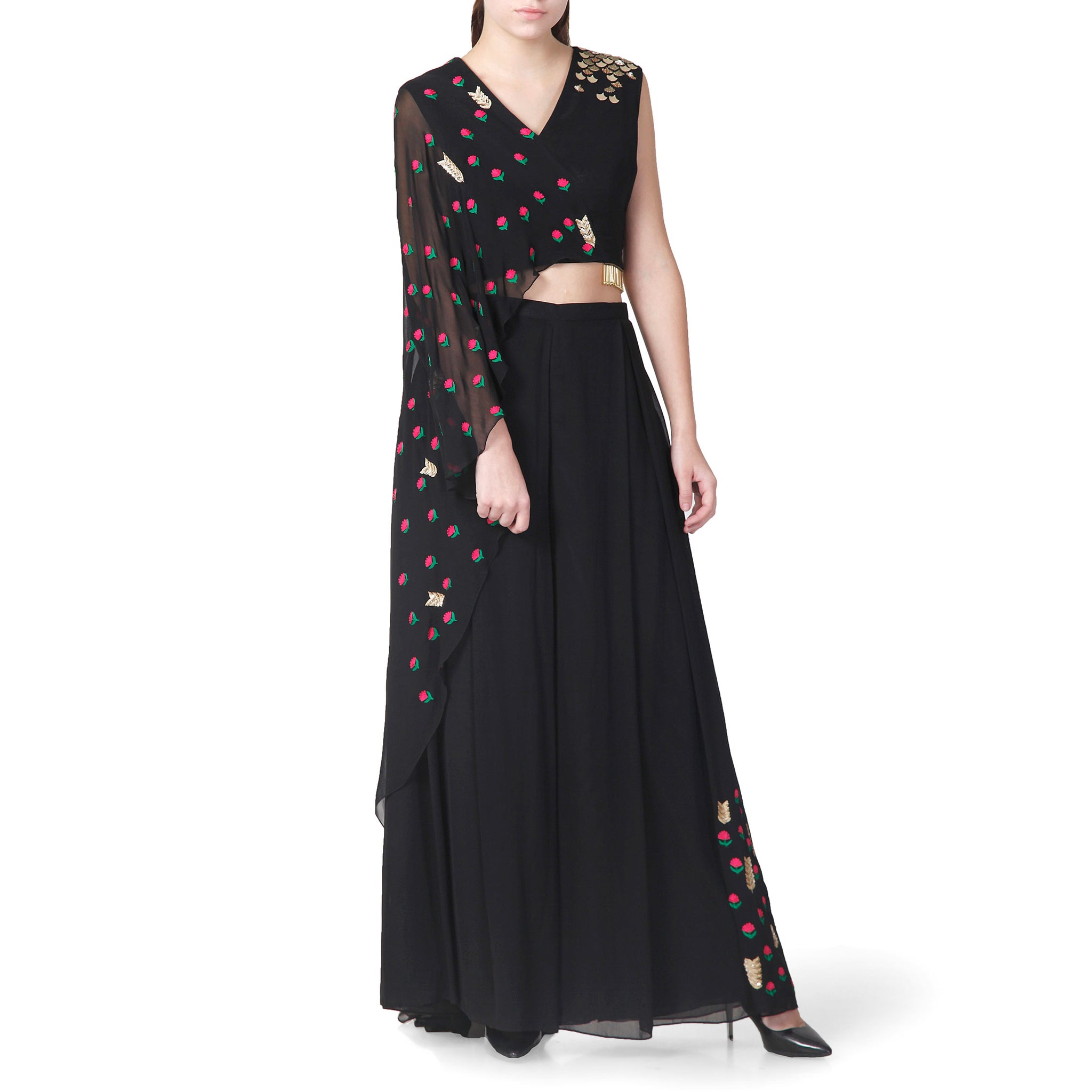 Embroidered Draped Top with Flared Pants