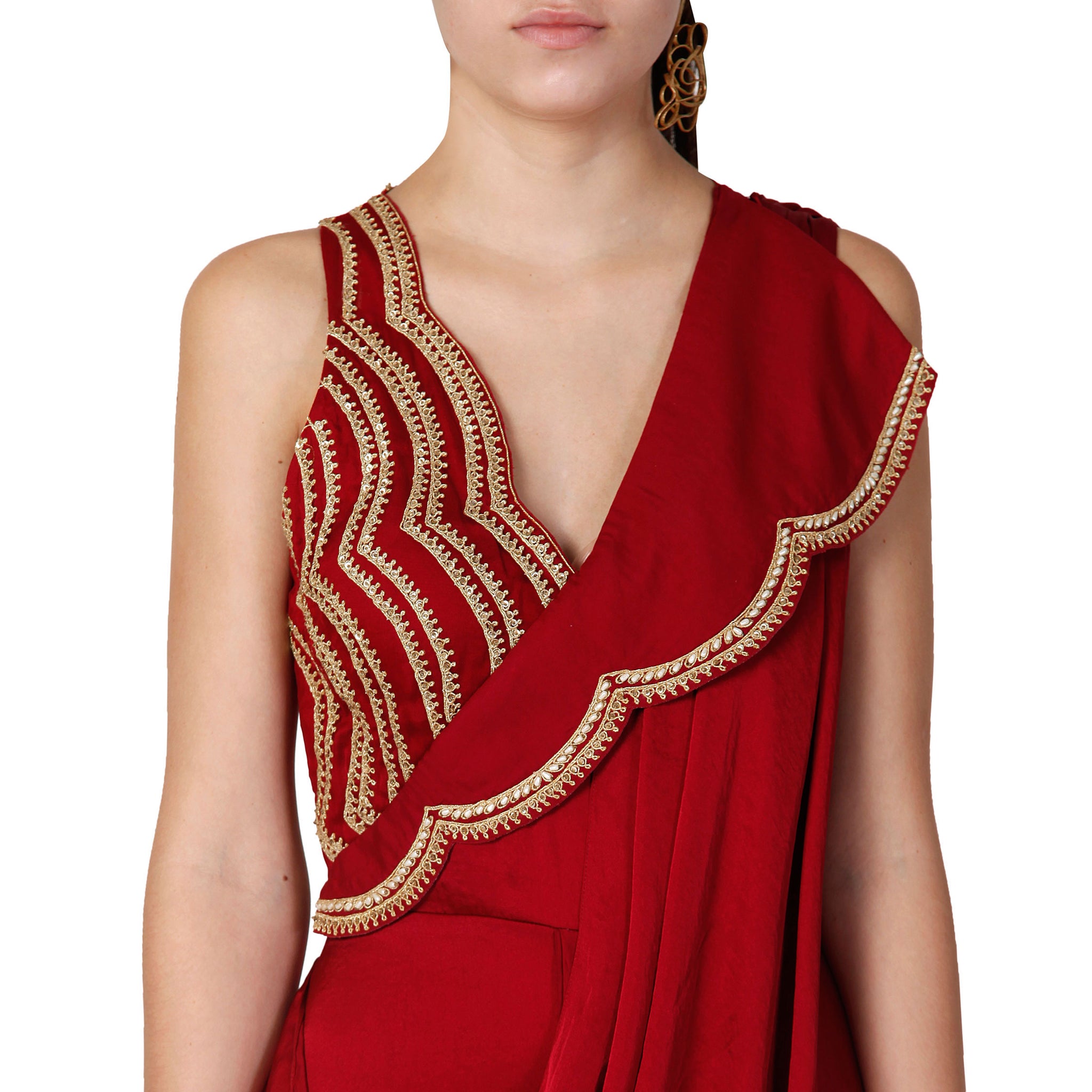Embroidered Pre-Draped Sari with Lapel Detail
