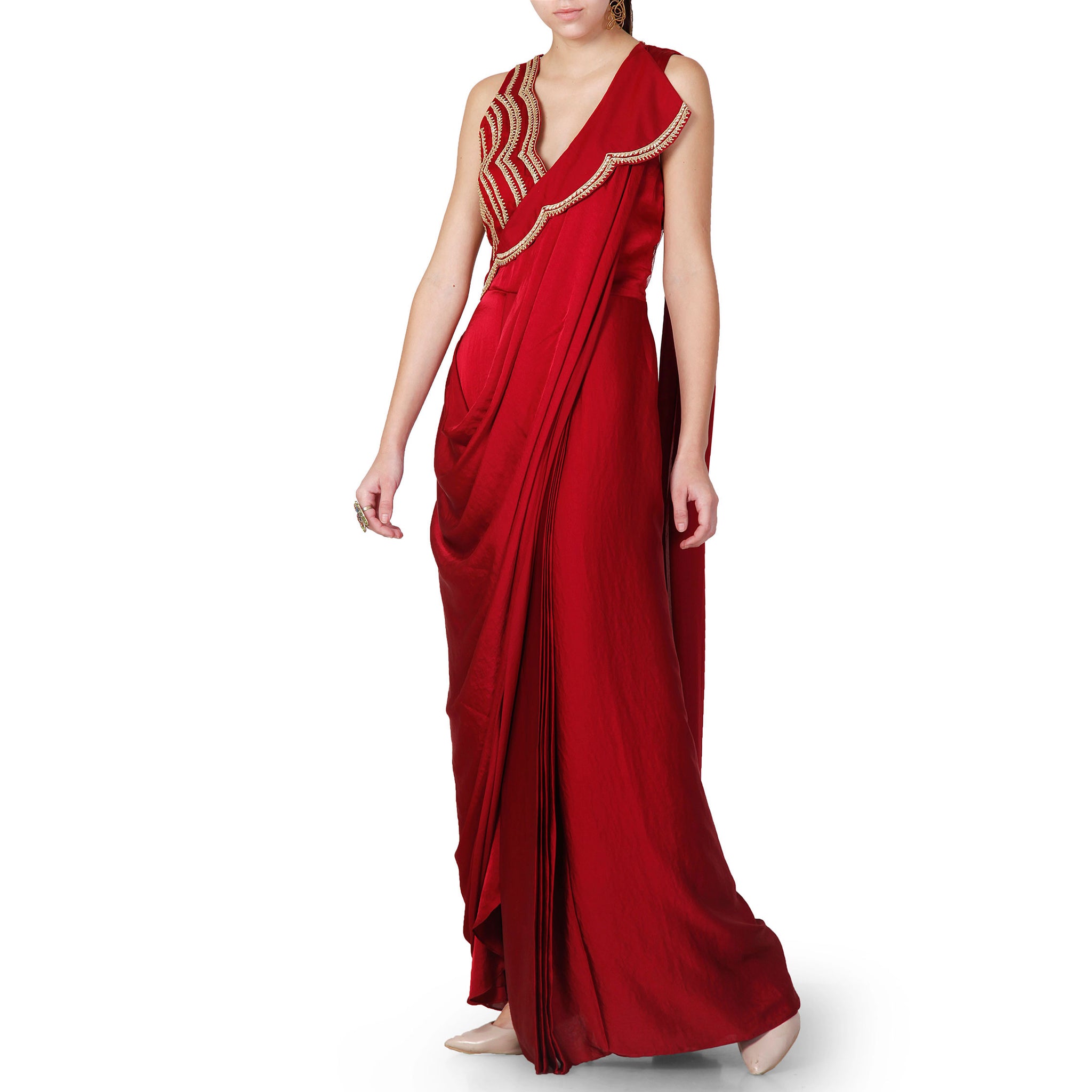 Embroidered Pre-Draped Sari with Lapel Detail