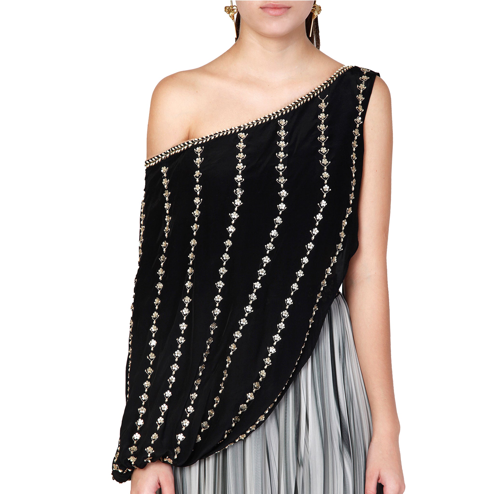 One Shoulder Embroidered Draped Top with Pleated Sharara