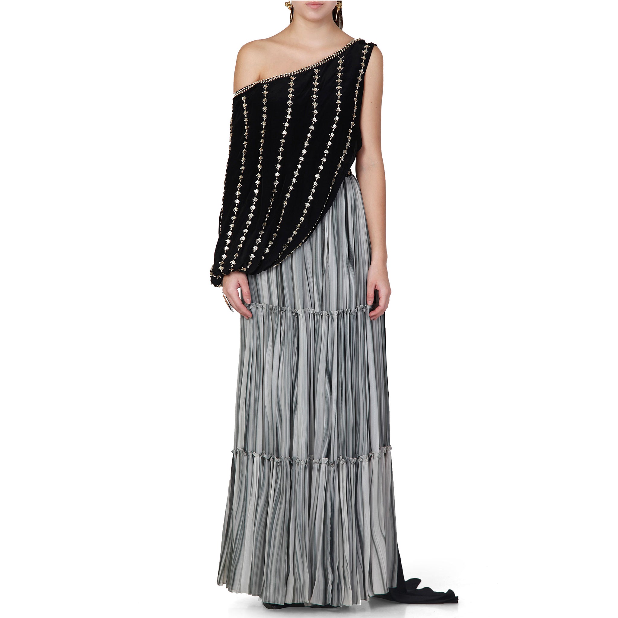 One Shoulder Embroidered Draped Top with Pleated Sharara