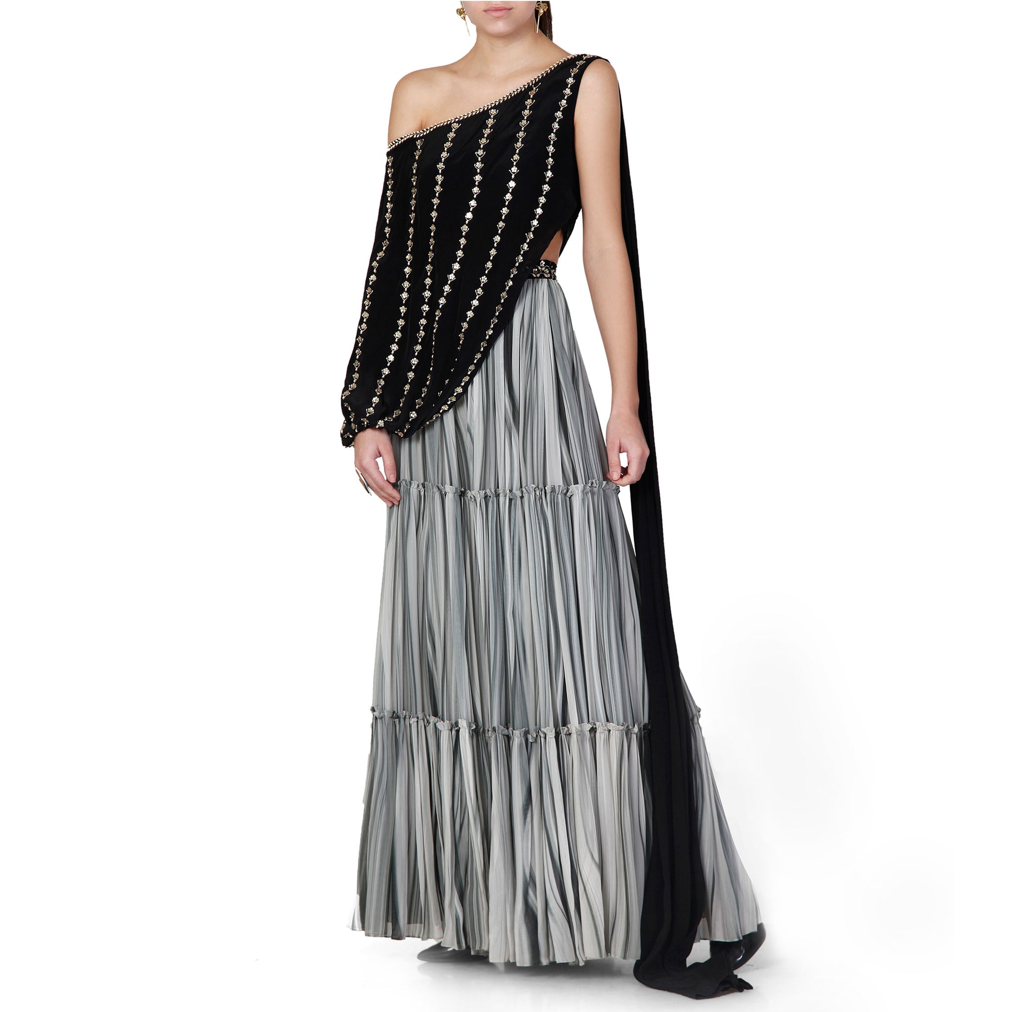 One Shoulder Embroidered Draped Top with Pleated Sharara