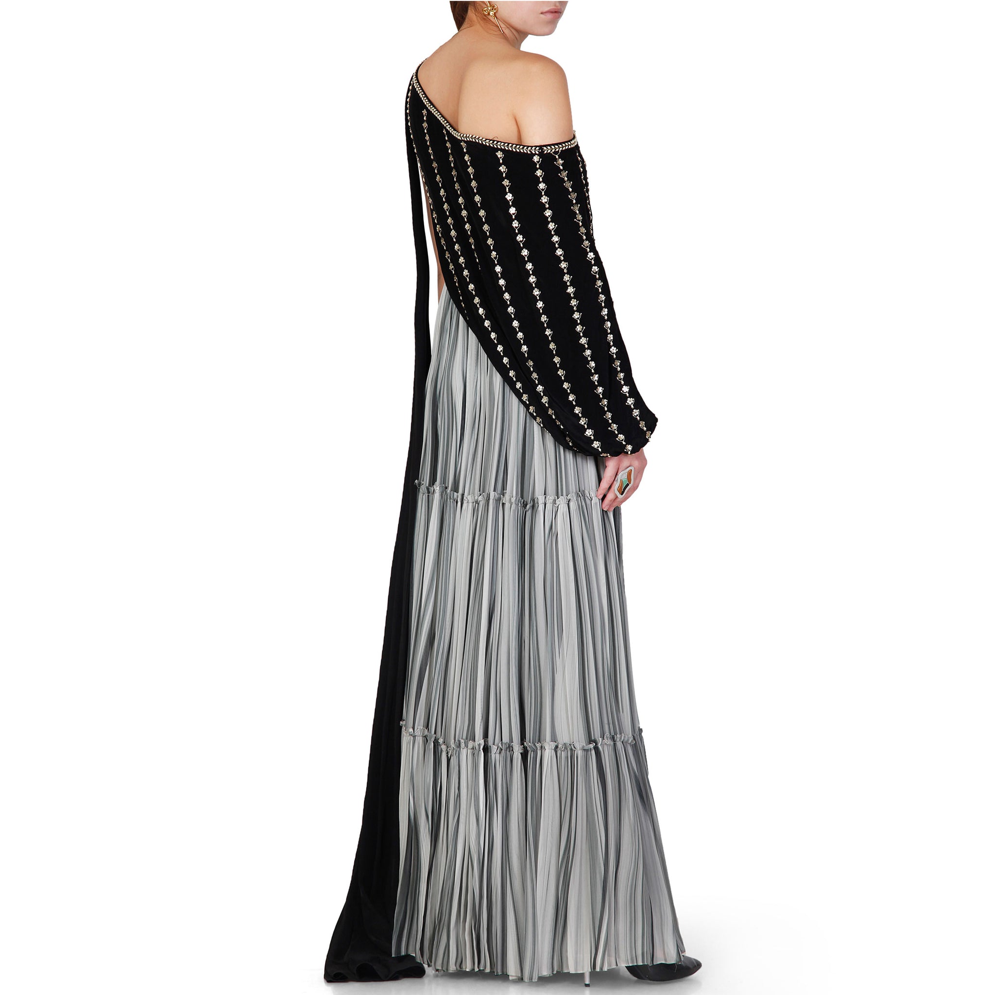 One Shoulder Embroidered Draped Top with Pleated Sharara