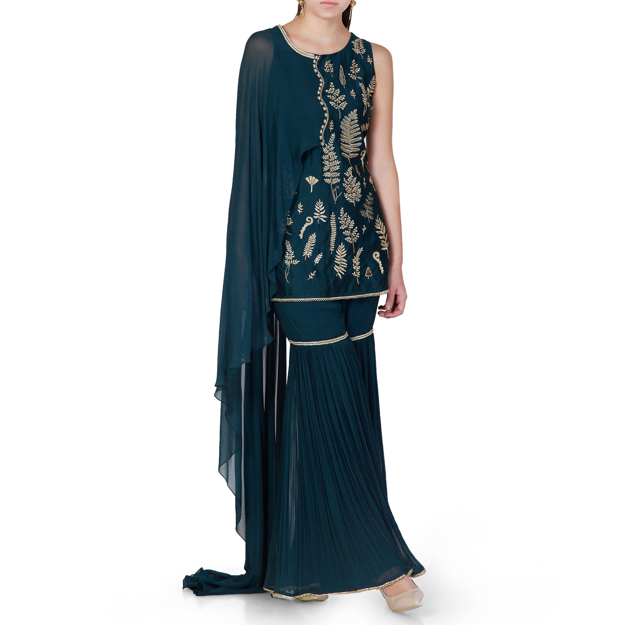 Draped Embroidered Kurta with a Pleated Sharara