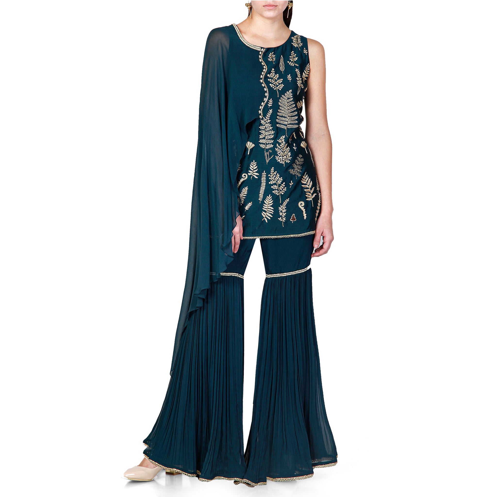 Draped Embroidered Kurta with a Pleated Sharara