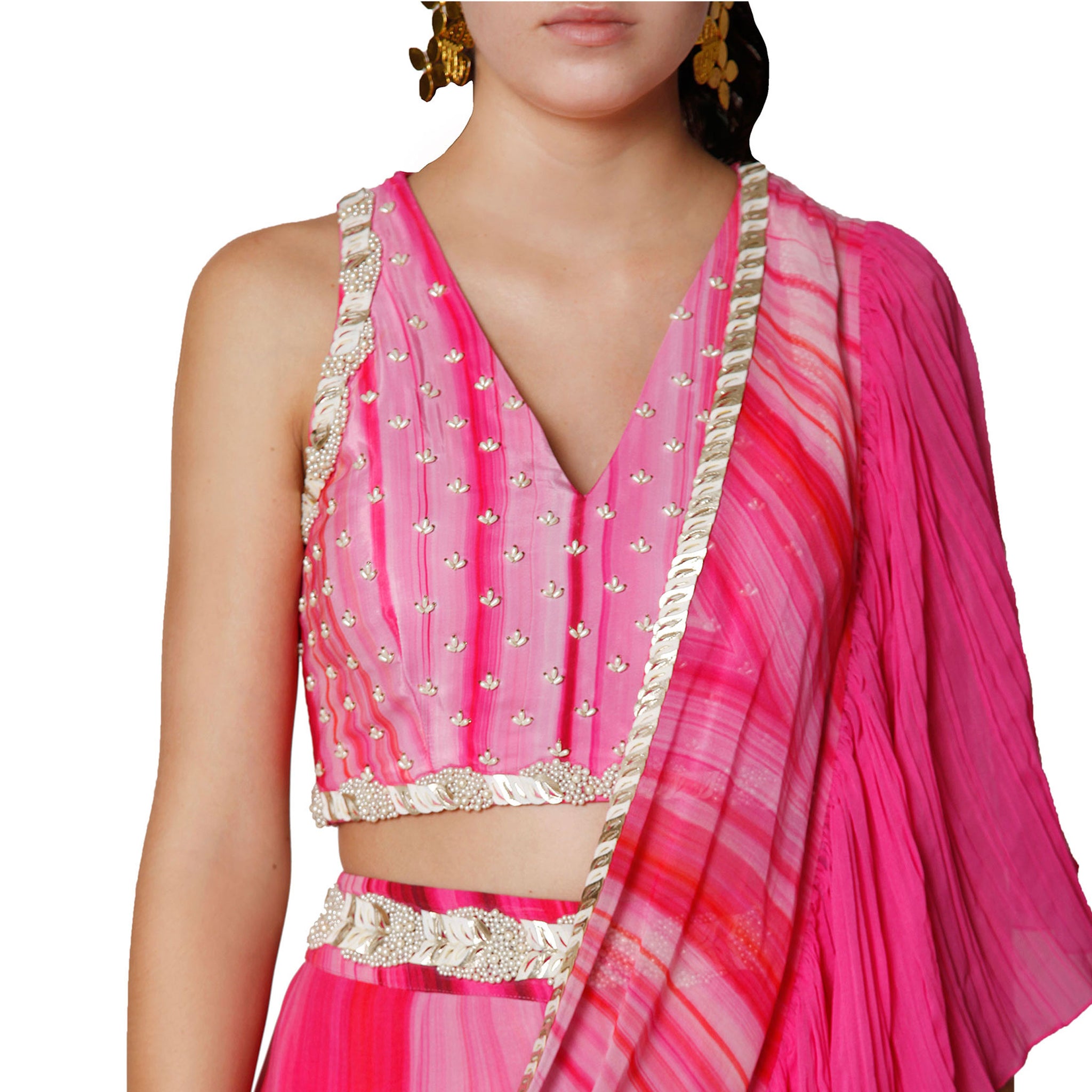 Embroidered Blouse with Pleated Sharara & Drape