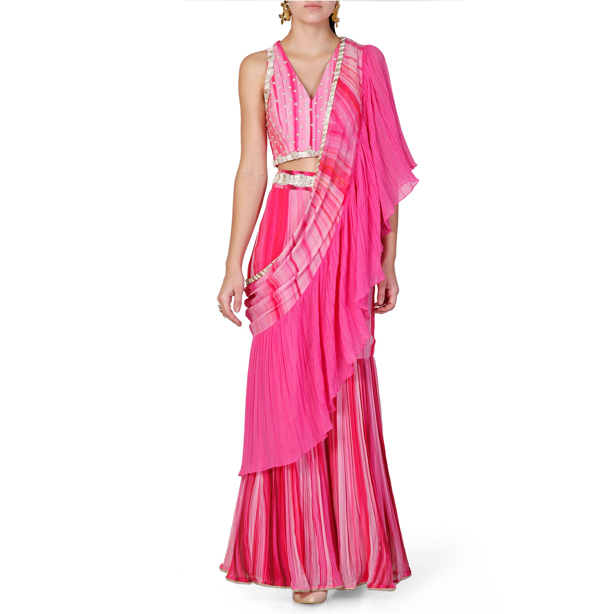 Embroidered Blouse with Pleated Sharara & Drape