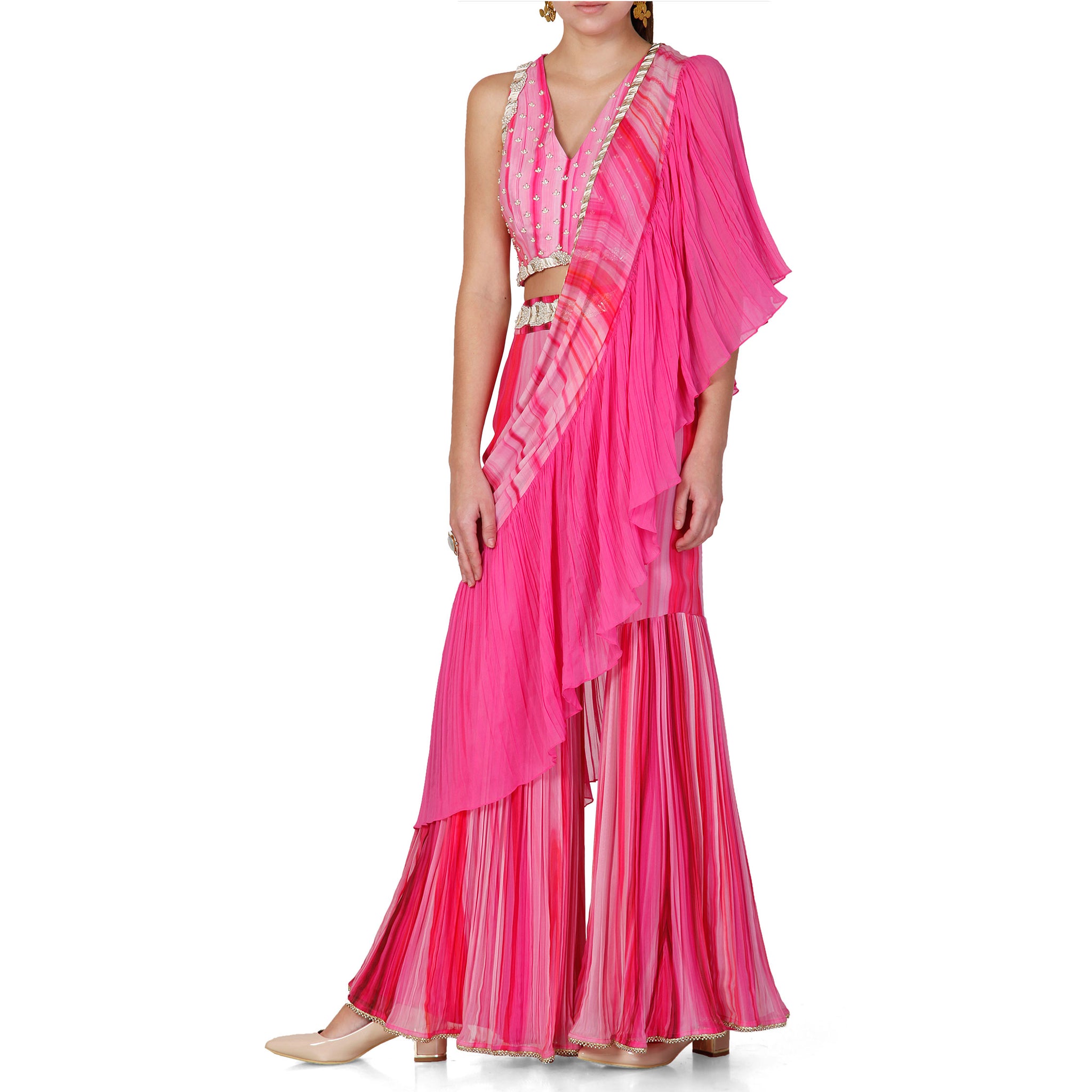 Embroidered Blouse with Pleated Sharara & Drape