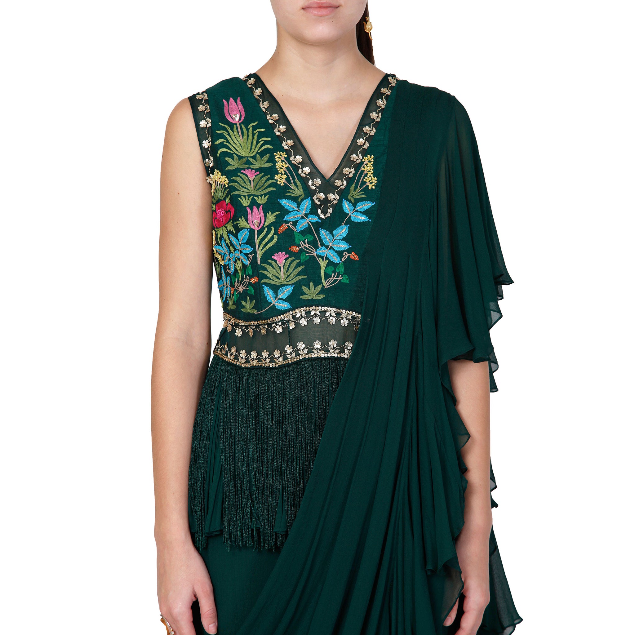 Embroidered Peplum Sari Gown