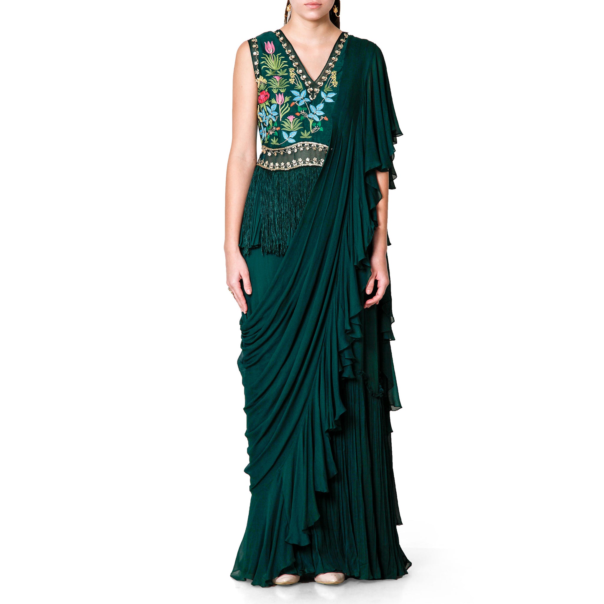Embroidered Peplum Sari Gown