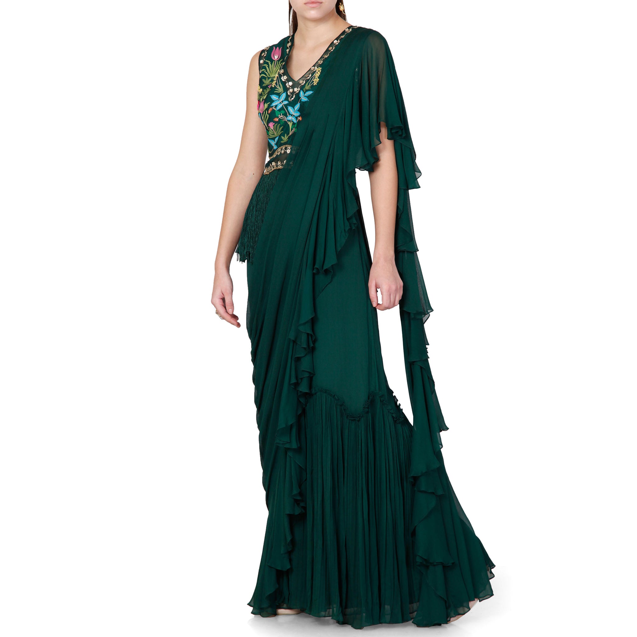 Embroidered Peplum Sari Gown
