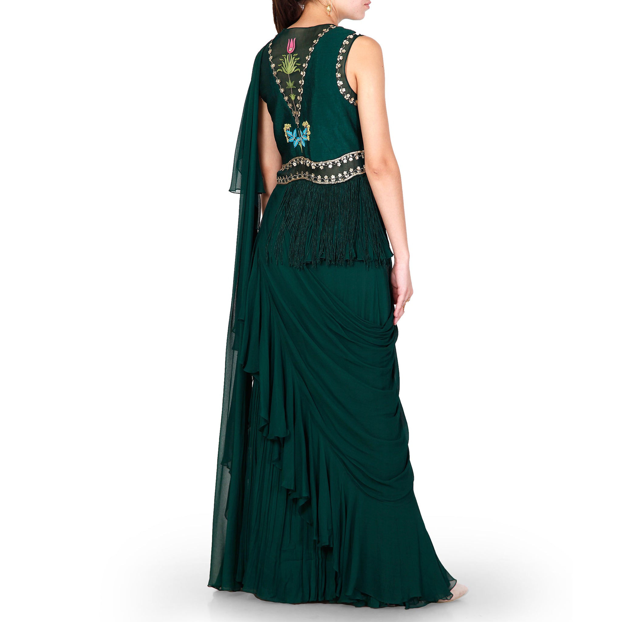 Embroidered Peplum Sari Gown