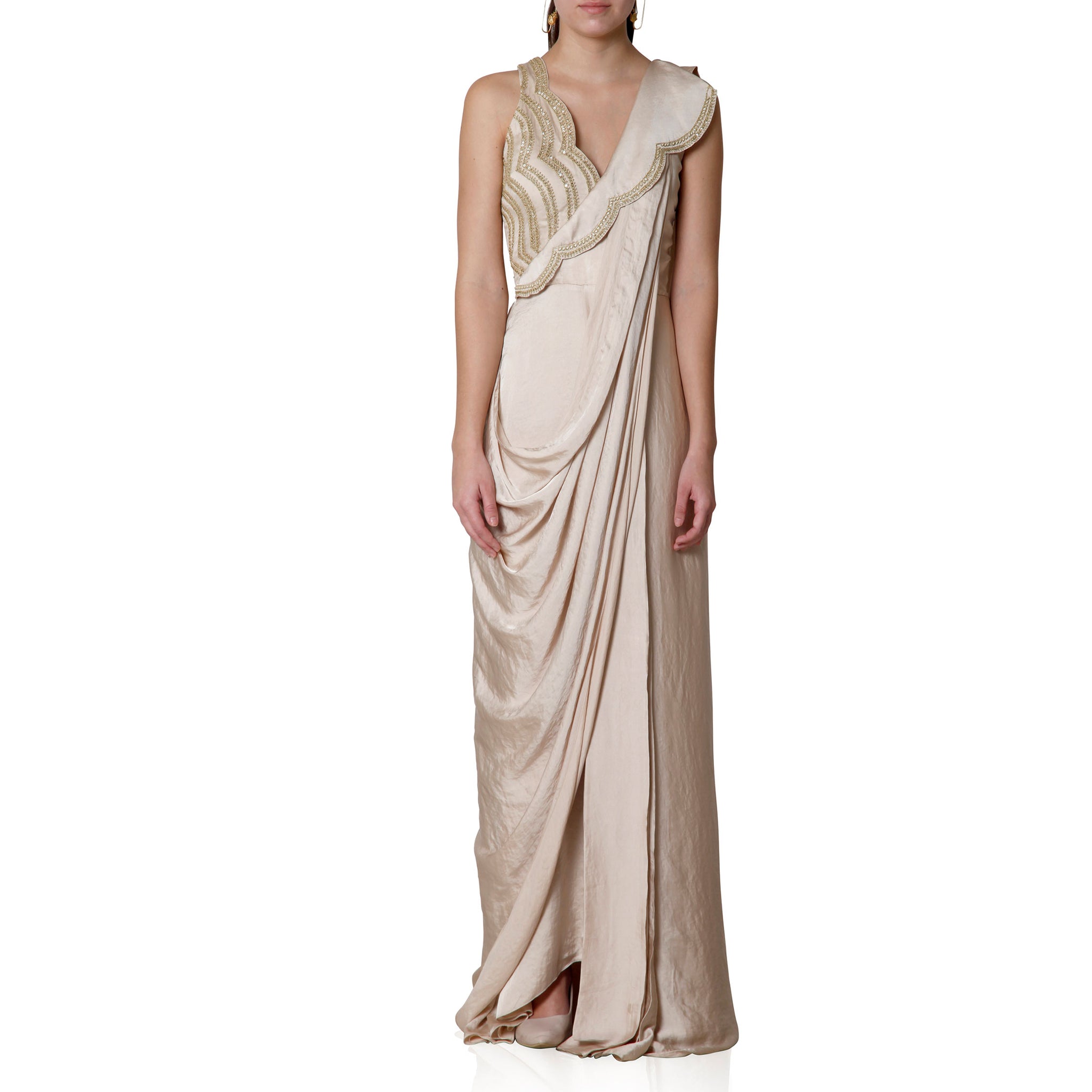 Embroidered Pre-Draped Sari with Embroidered Lapel Detail