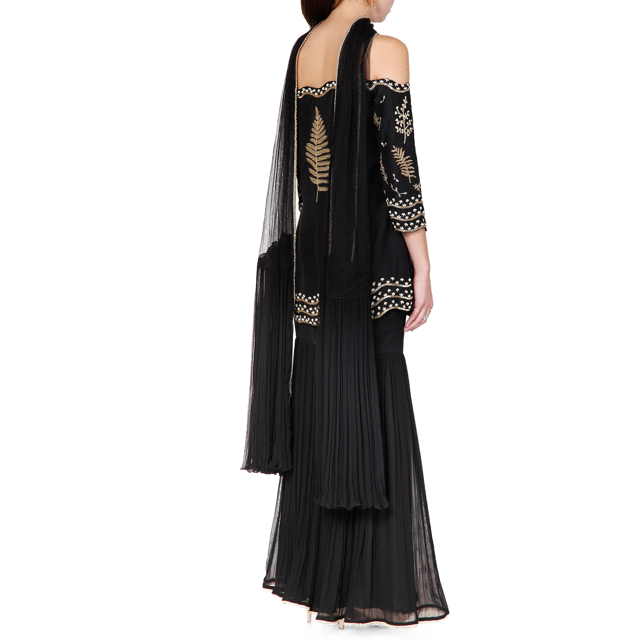 Off Shoulder Embroidered Kurta Sharara Set