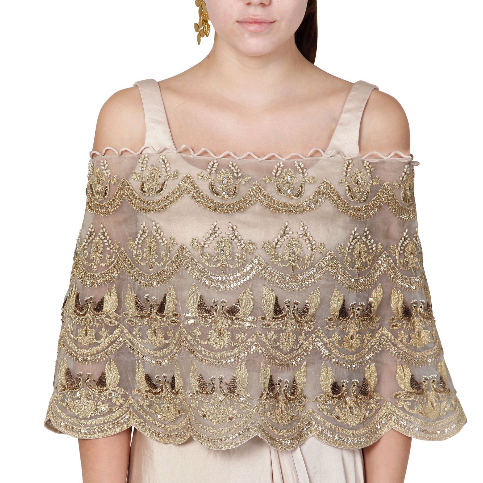 Embroidered Cape with Blouse and Draped Skirt