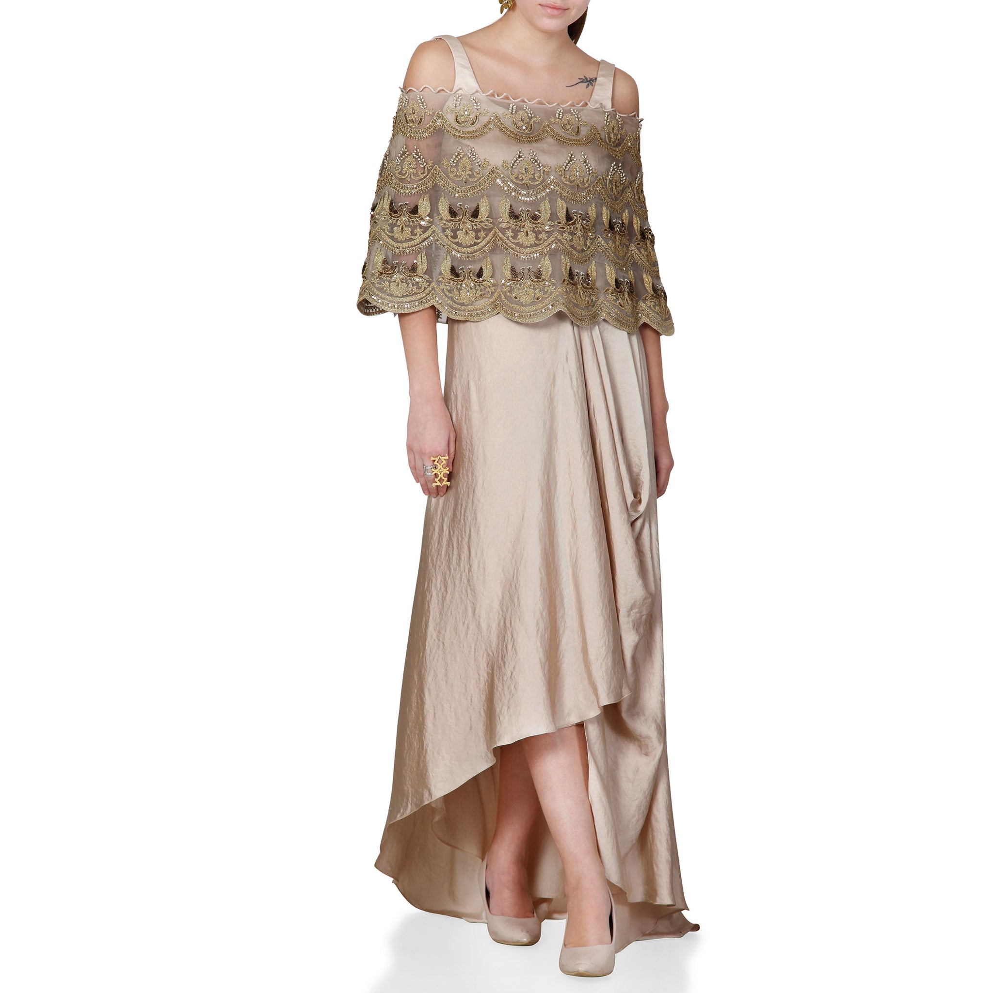 Embroidered Cape with Blouse and Draped Skirt