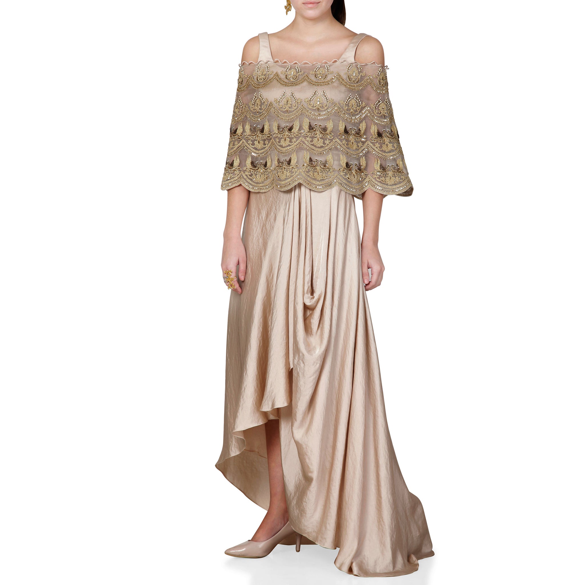Embroidered Cape with Blouse and Draped Skirt