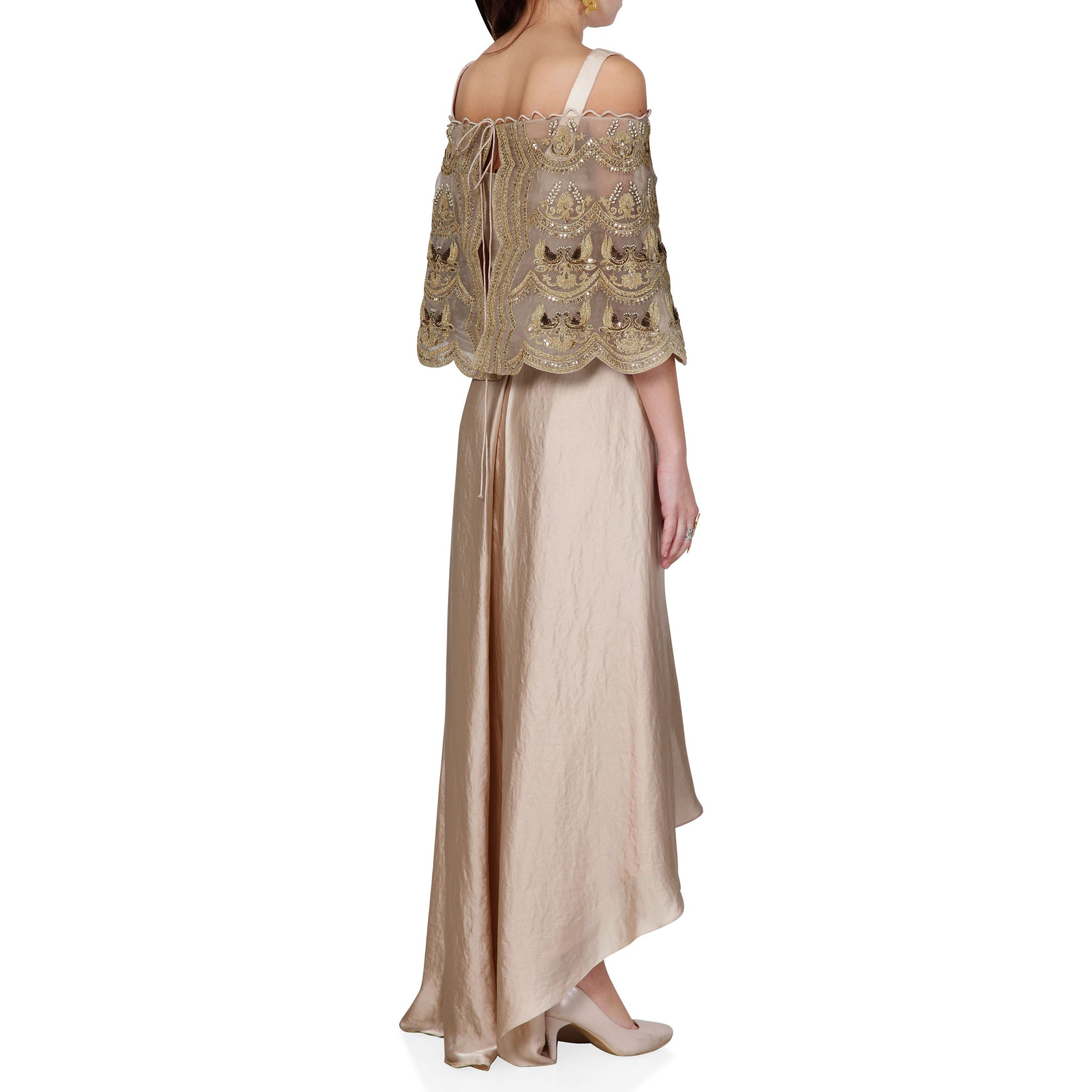 Embroidered Cape with Blouse and Draped Skirt