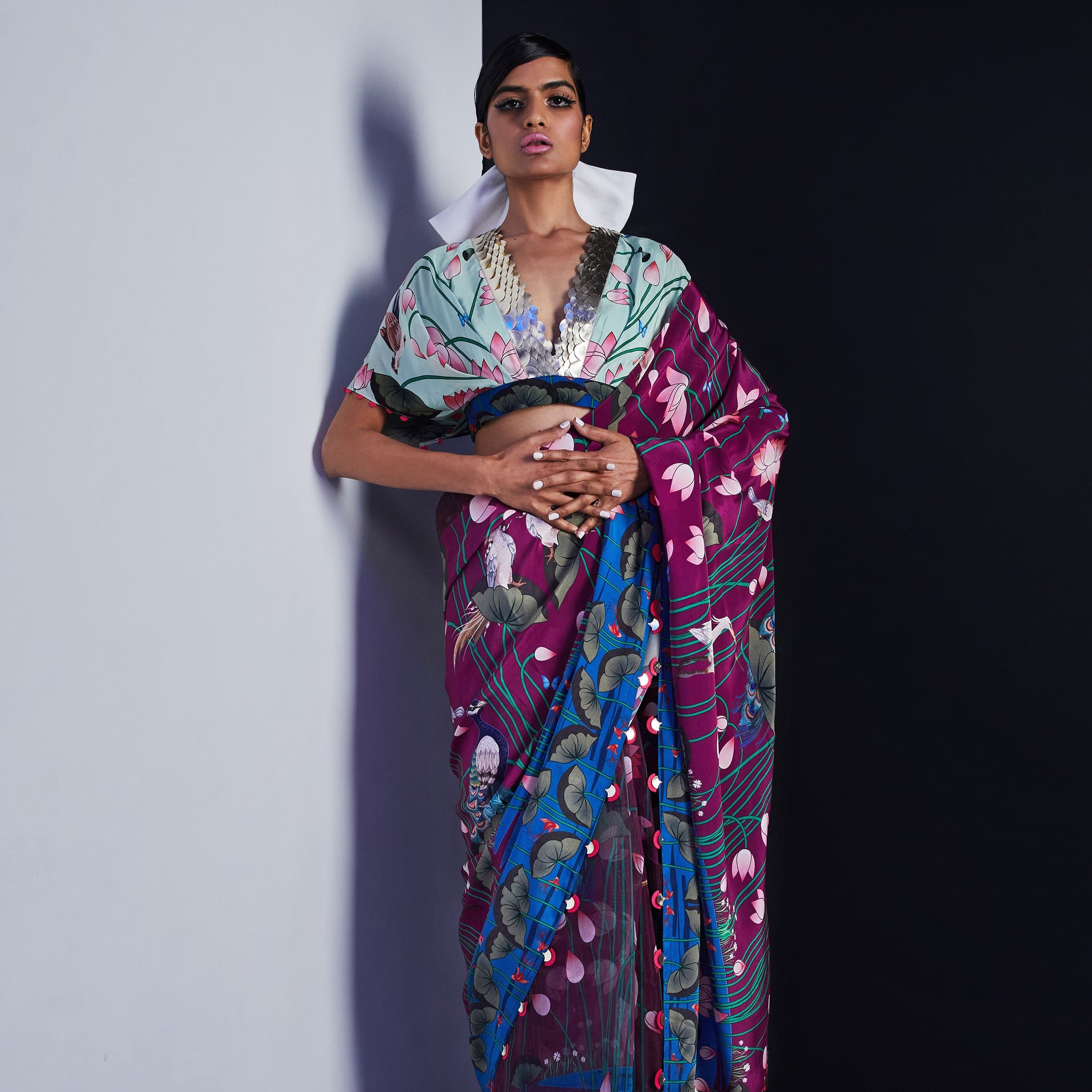 Embroidered Half and Half Printed Sari