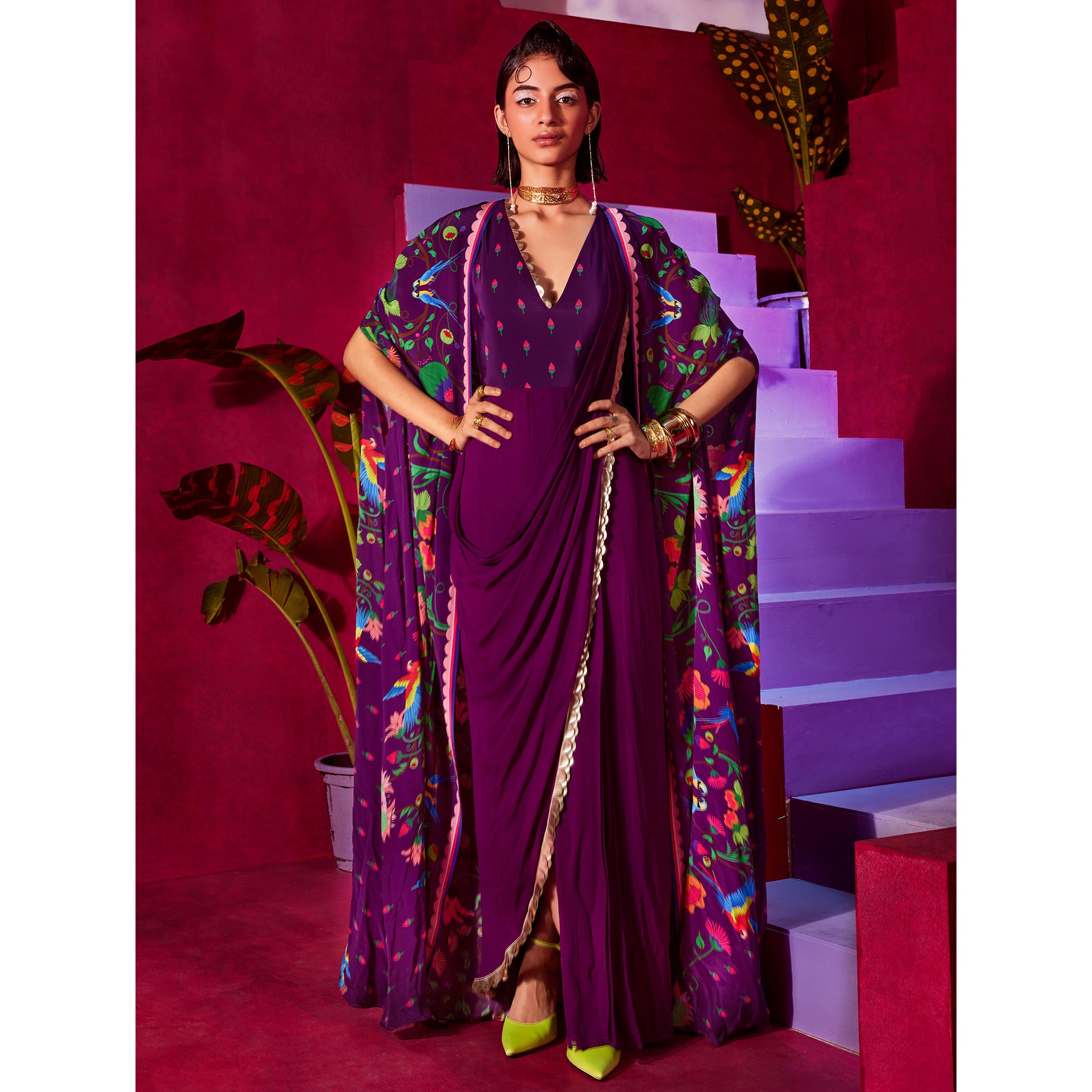 Embroidered Pre-Draped Sari with a Cape